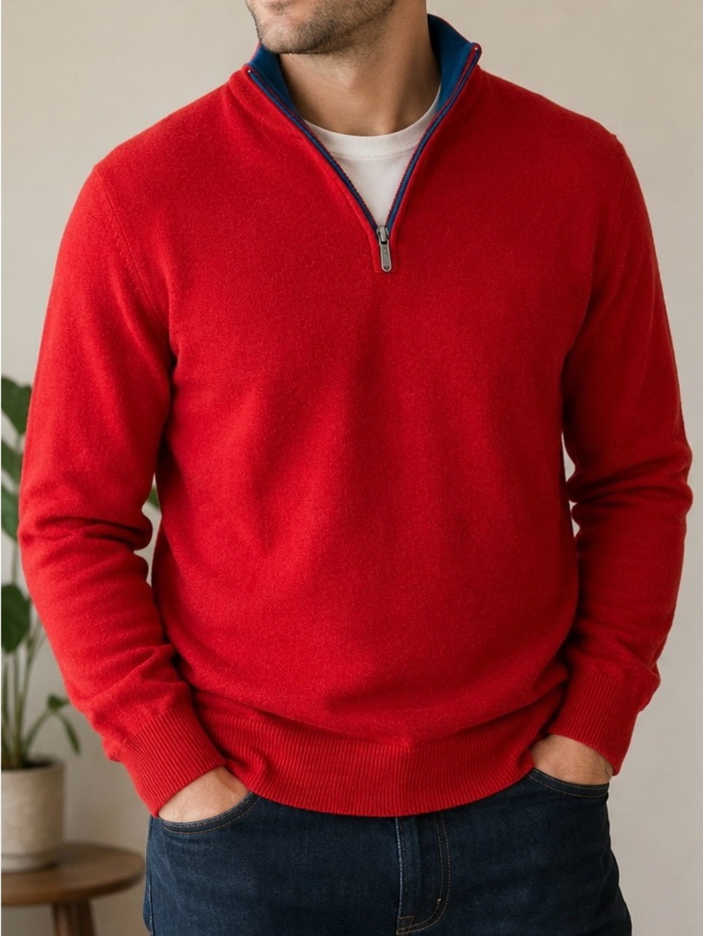 Bugatchi Uomo Red Merino Wool Quarter Zip Sweater Men’s Large